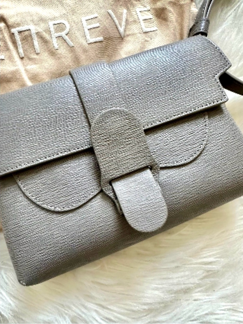 Senreve Aria Textured Gray 5-Way Convertible Bag with Front Tab. Italy.